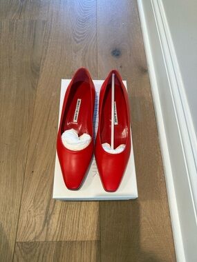 Manolo Blahnik Red Leather Square-Toe Pumps - Classic Silhouette
